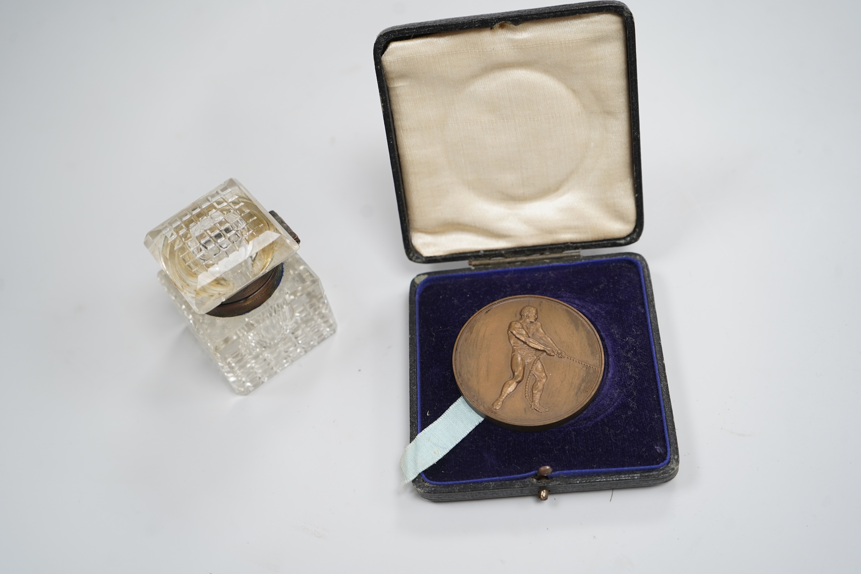 A box of cut glass drops, together with box of gaming counters, a gilt metal cross, an Art Deco ceramic nude figure, two frames, a parker pen, etc.